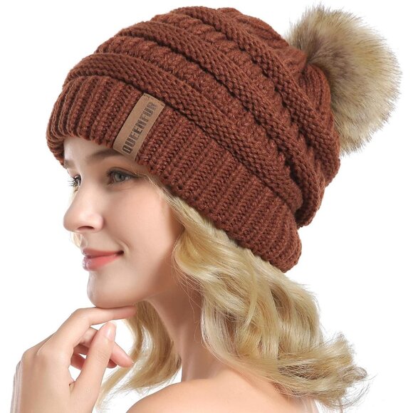 Women Rust Soft Acrylic Thick Baggy Knit Winter Faux Fur Pompom Beanie - Picture 3 of 6